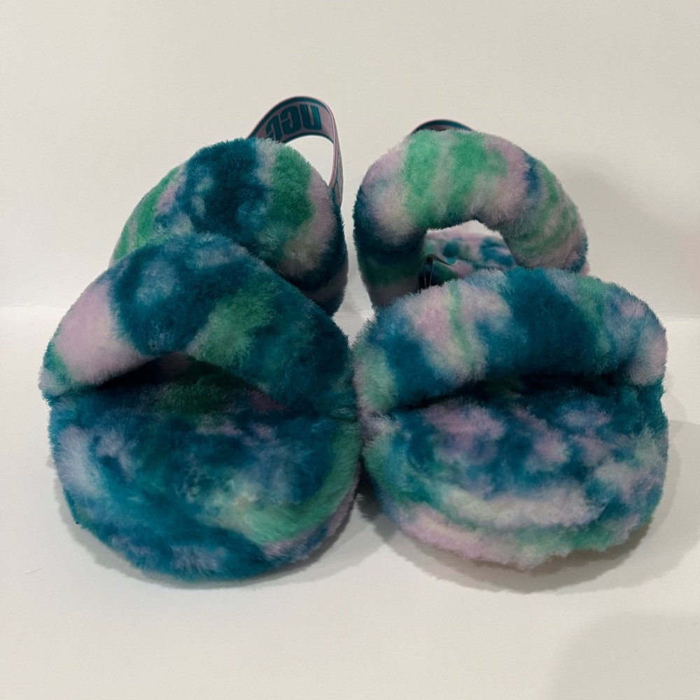 UGG Multicolor Teal Green Pink Shearling Slide Sandals